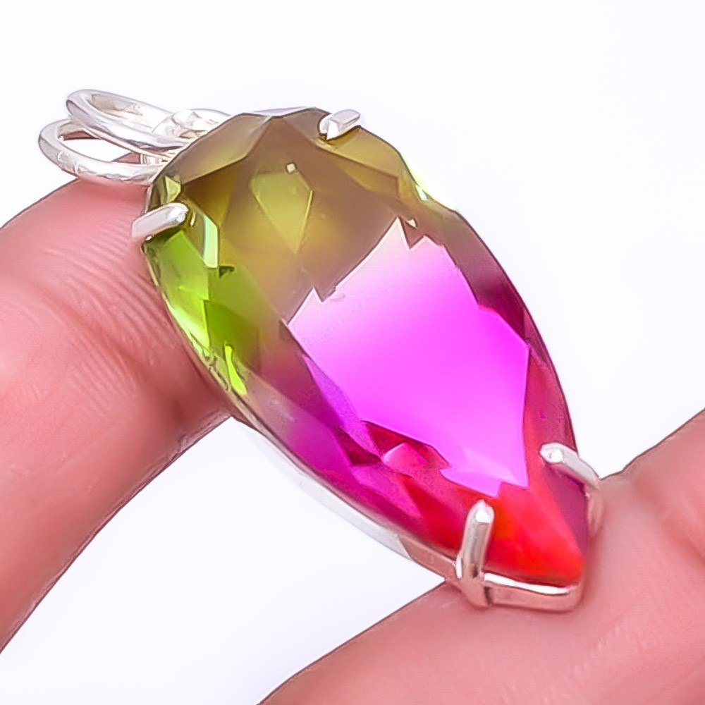 Bi Color Tourmaline Gemstone 925 Sterling Silver Pendant 1.95″ P7454-24