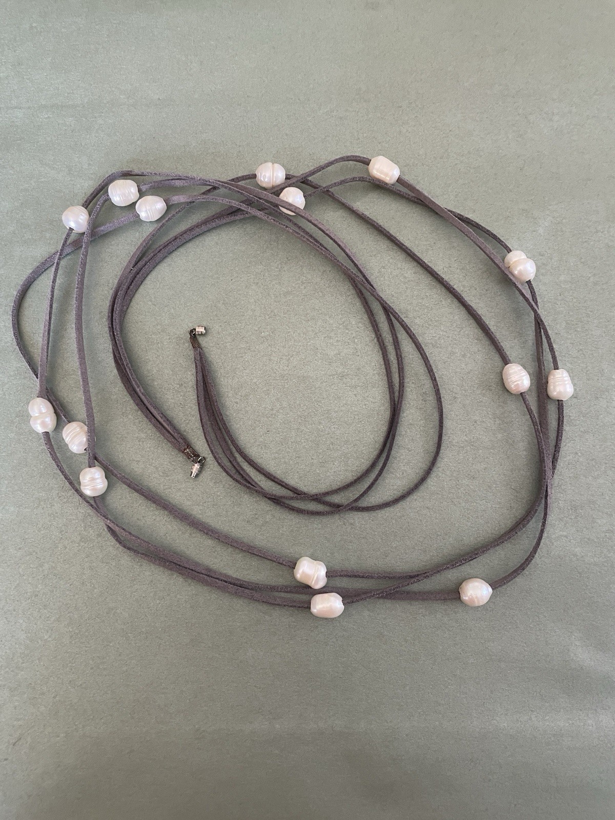 Layered Gray Leather Cord Necklace White Baroque Pearls Adjustable 36in