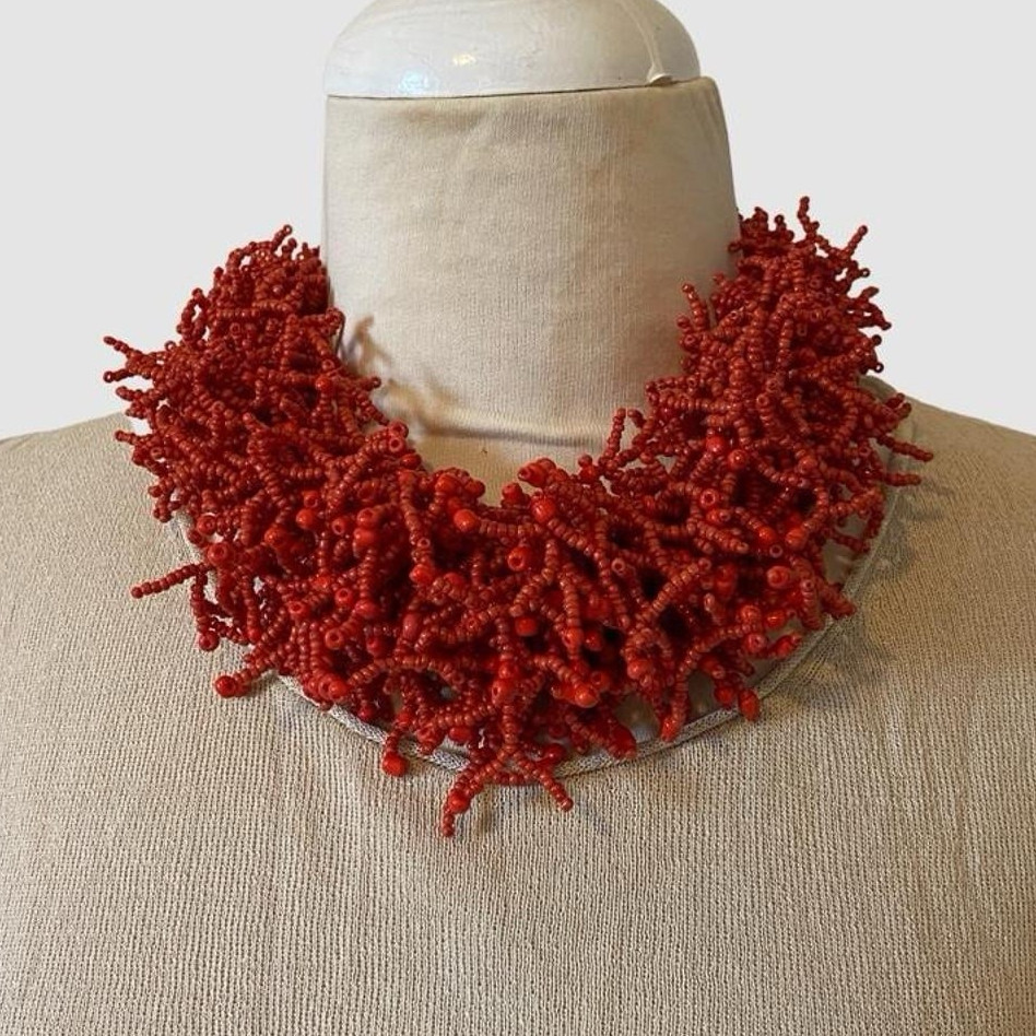 18 inch Red Beaded Collar Statement Necklace, Beaded Chain, No Stone