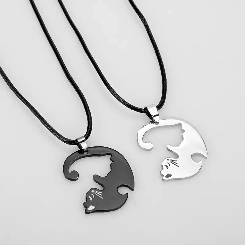 2 Piece Black & Silver Cat Matching Necklace Couple Cute Pendant Love BFF, Gift