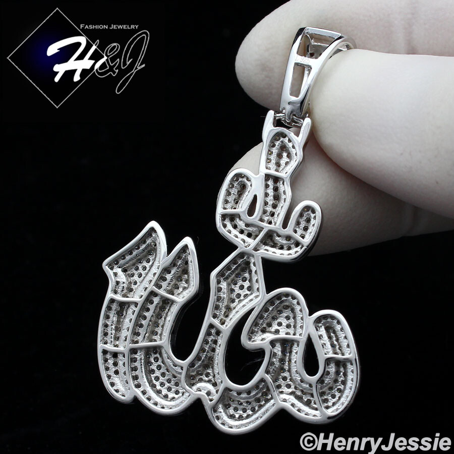 MEN SOLID 925 STERLING SILVER ICY BLING CZ 3D SILVER MUSLIM ALLAH PENDANT*SP288