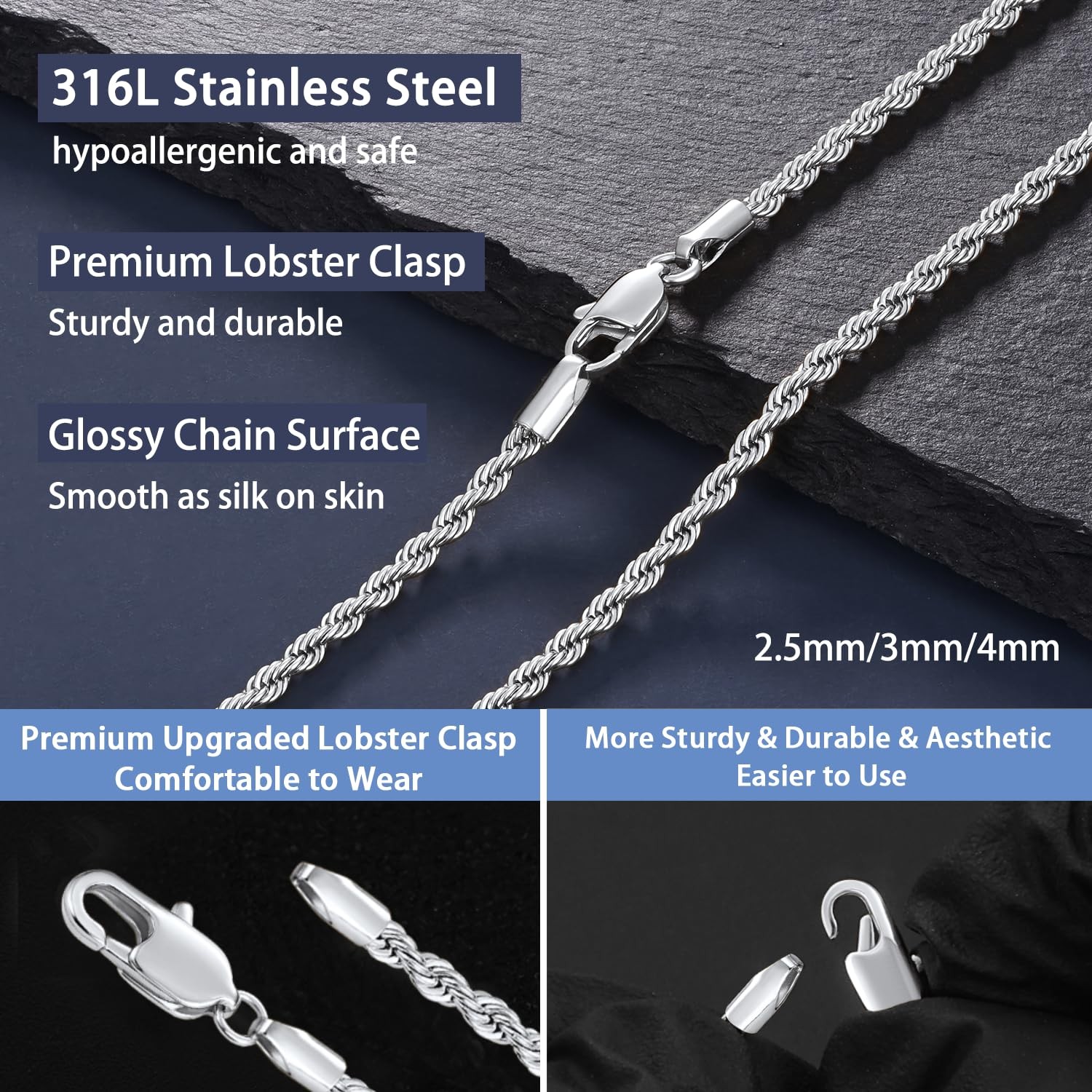 Silver Tone Chain for Men, 3mm Stainless Steel Rope Chains Silver Chain Neckl…