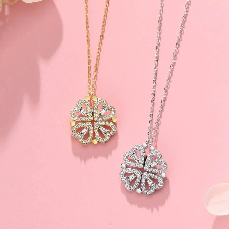 Four Leaf Clover Magnetic Folding Heart Crystal Pendant Necklace- Elegant