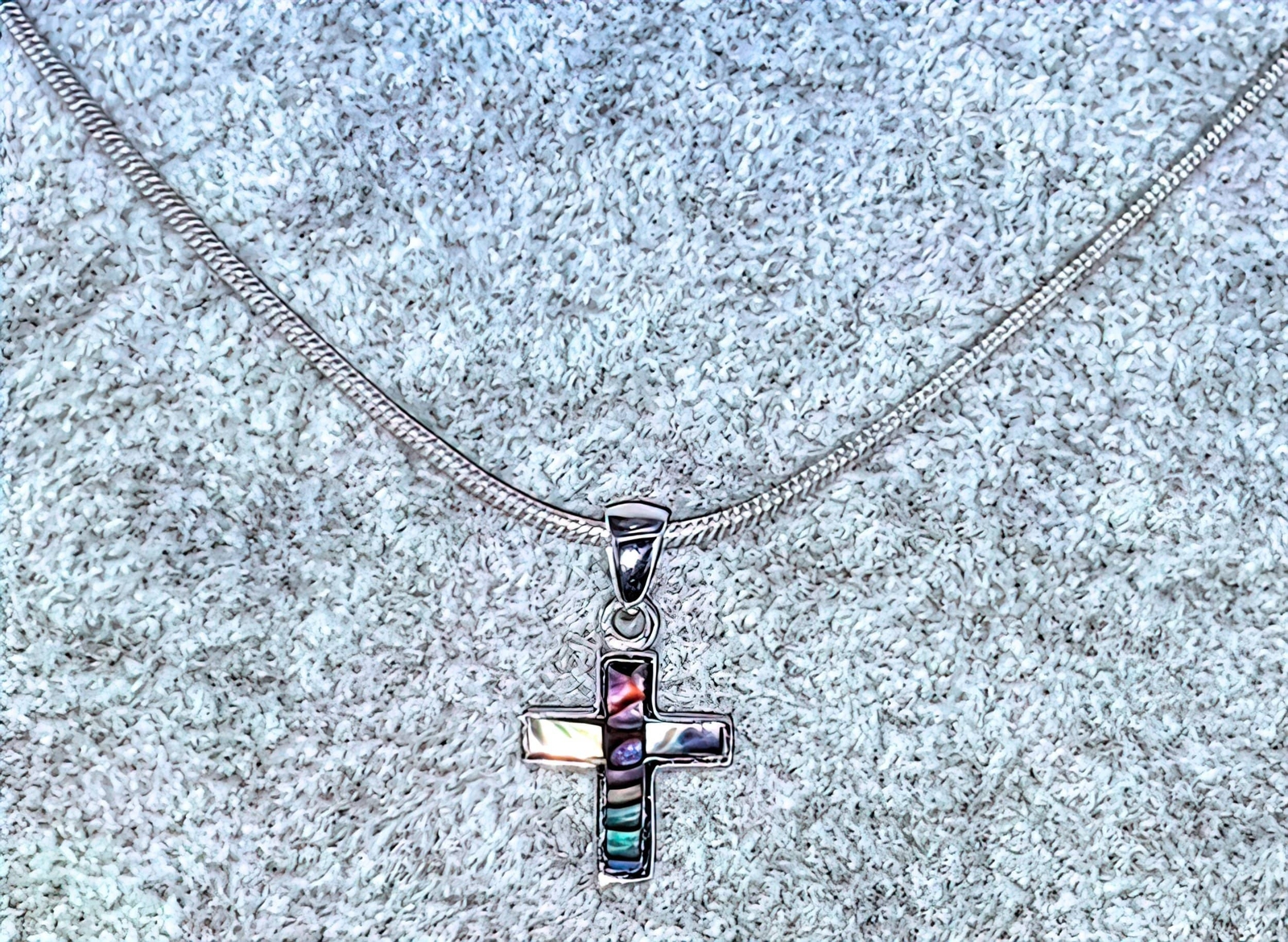 Abalone Cross on 925 Tagged Sterling Silver Plated 2mm Snake Chain