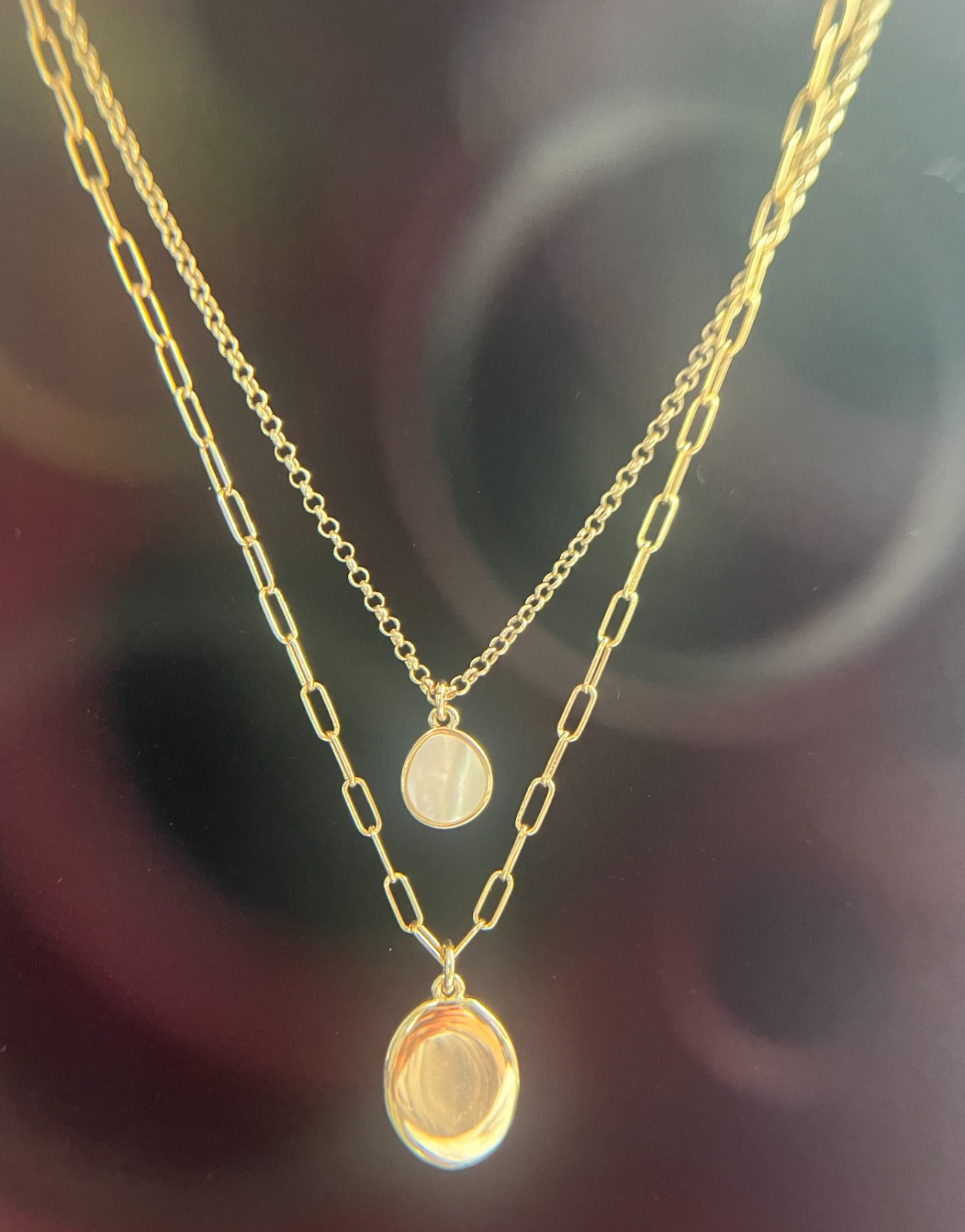J.Crew Double Strand Layered Necklace Gold Tone Mother of Pearl Disc Coin Signed