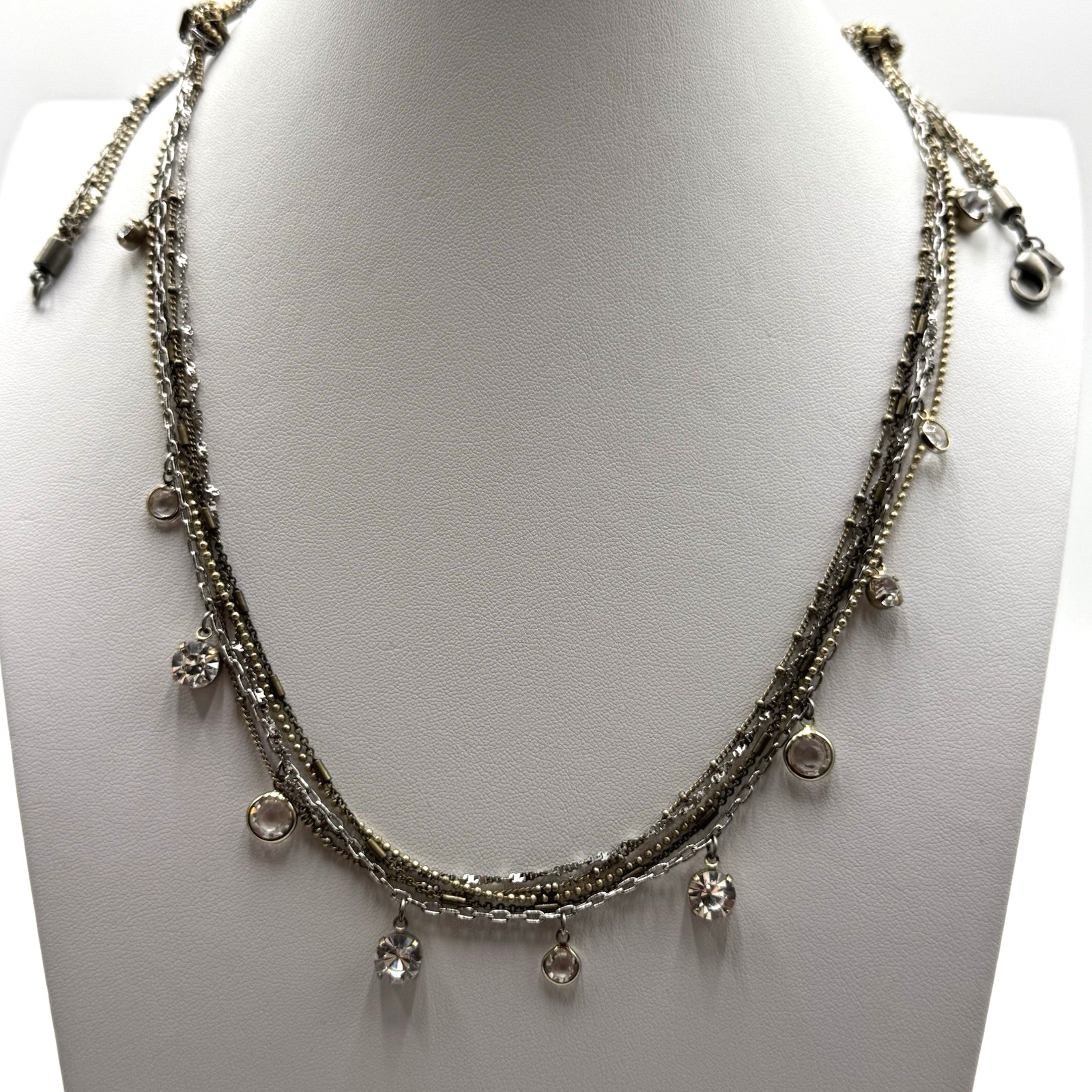 Ann Taylor Loft Necklace Multi Chain Gold Silver Tone Glass Faceted Rhinestones