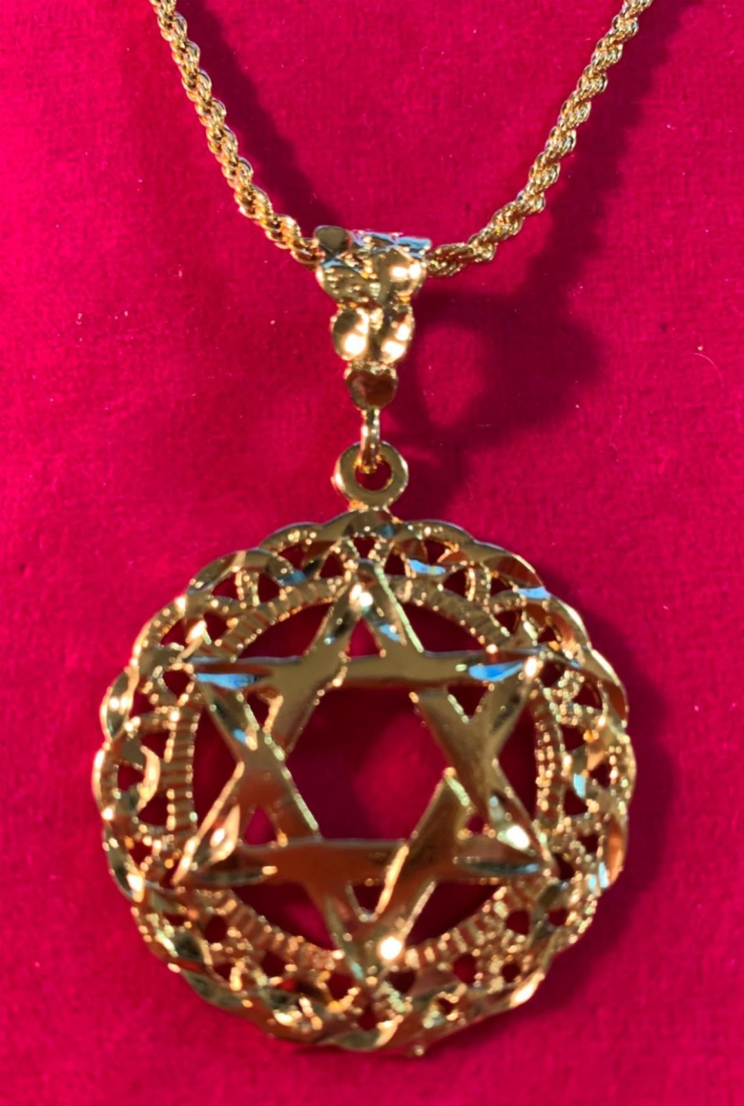 14 KT GOLD PLATED JEWISH STAR CHARM OVER 2″ HIGH & 16″-30″2.5MM ROPE CHAIN 4542
