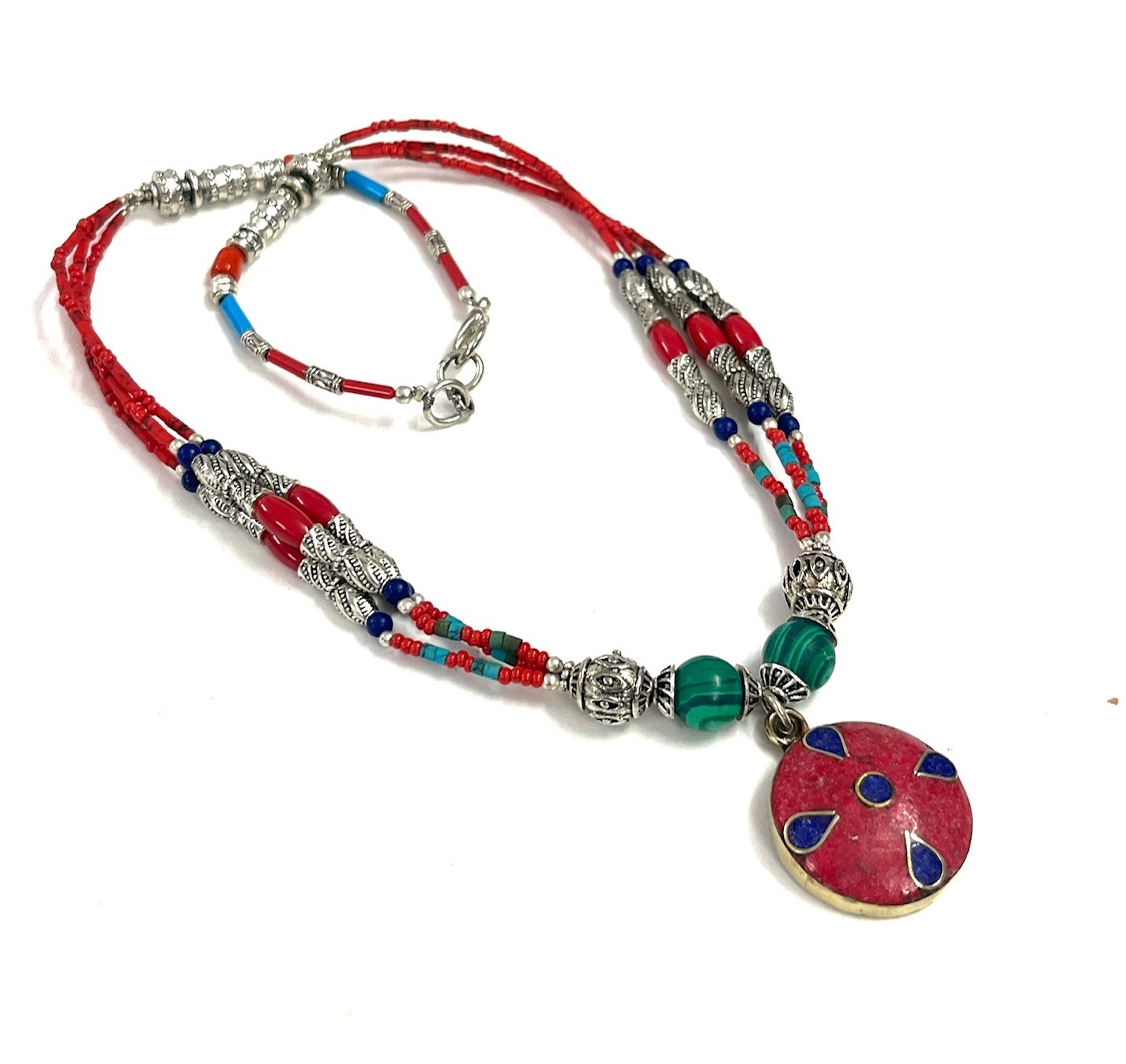 Vintage Red Coral Gemstone Tibetan Statement Necklace Jewelry, 18 inch Adjus