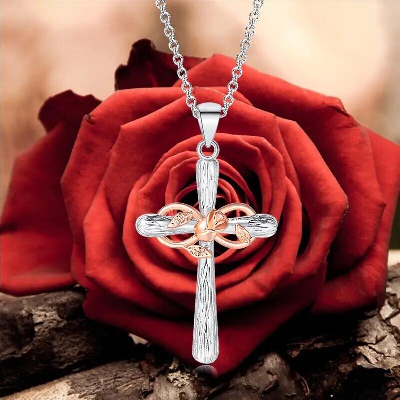 Fashion Cross & Rose Golden Flower Lucky 8 Word Pendant Necklace Jewelry Women