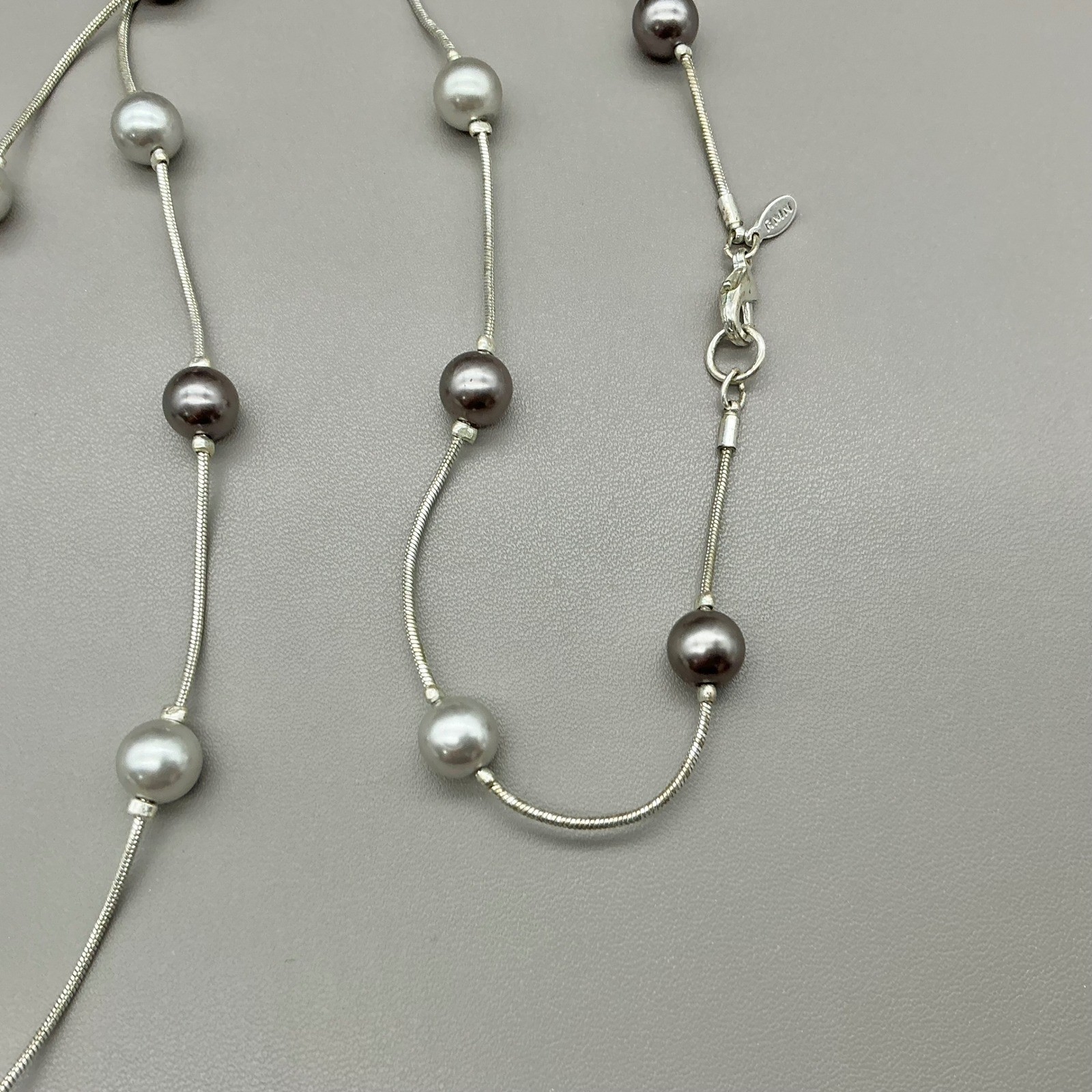 Roman Necklace Womens Silver Tone Pearl Station Snake Chain Double Strand 48″