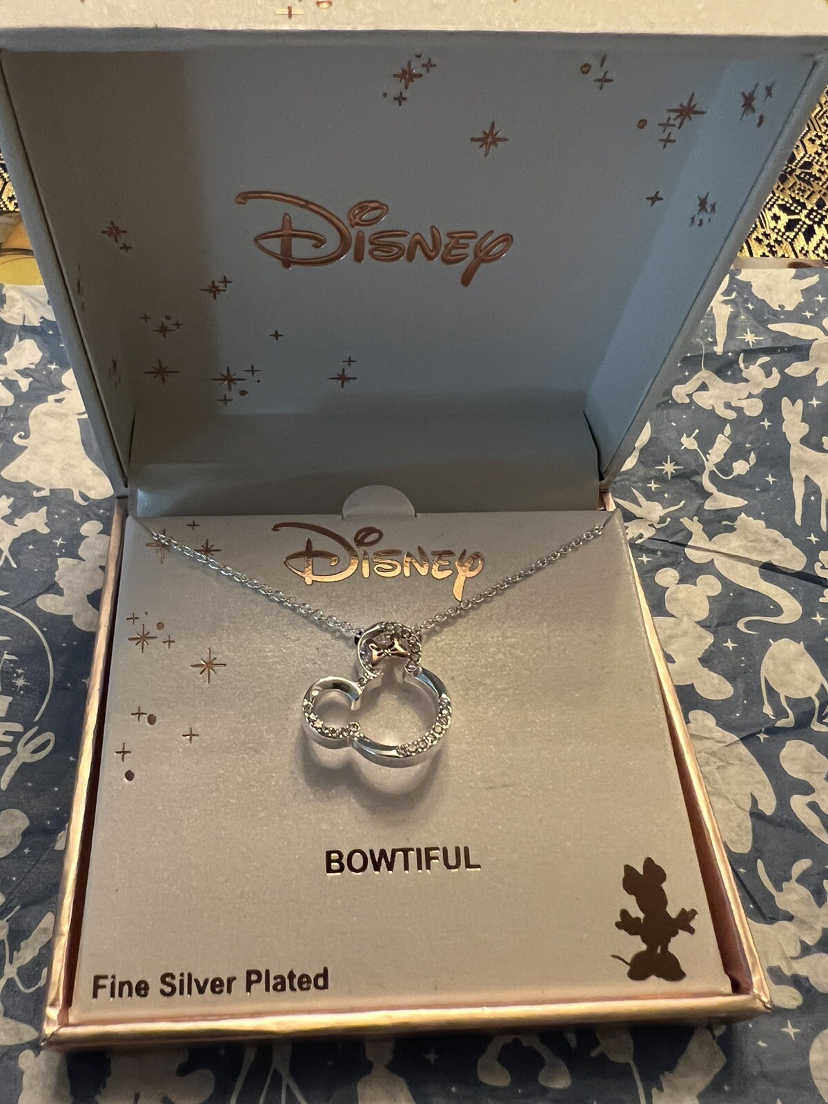 DISNEY MINNIE MOUSE FINE SILVER PLATED CRYSTAL RHINESTONE NECKLACE I LOVE MICKEY