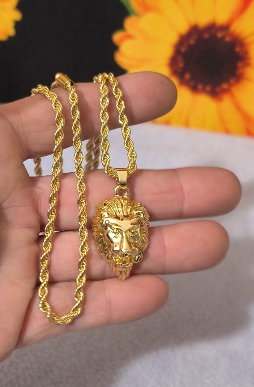 14k Gold rope chain necklace 24″ in W/ Iced Out lion head pendant #8