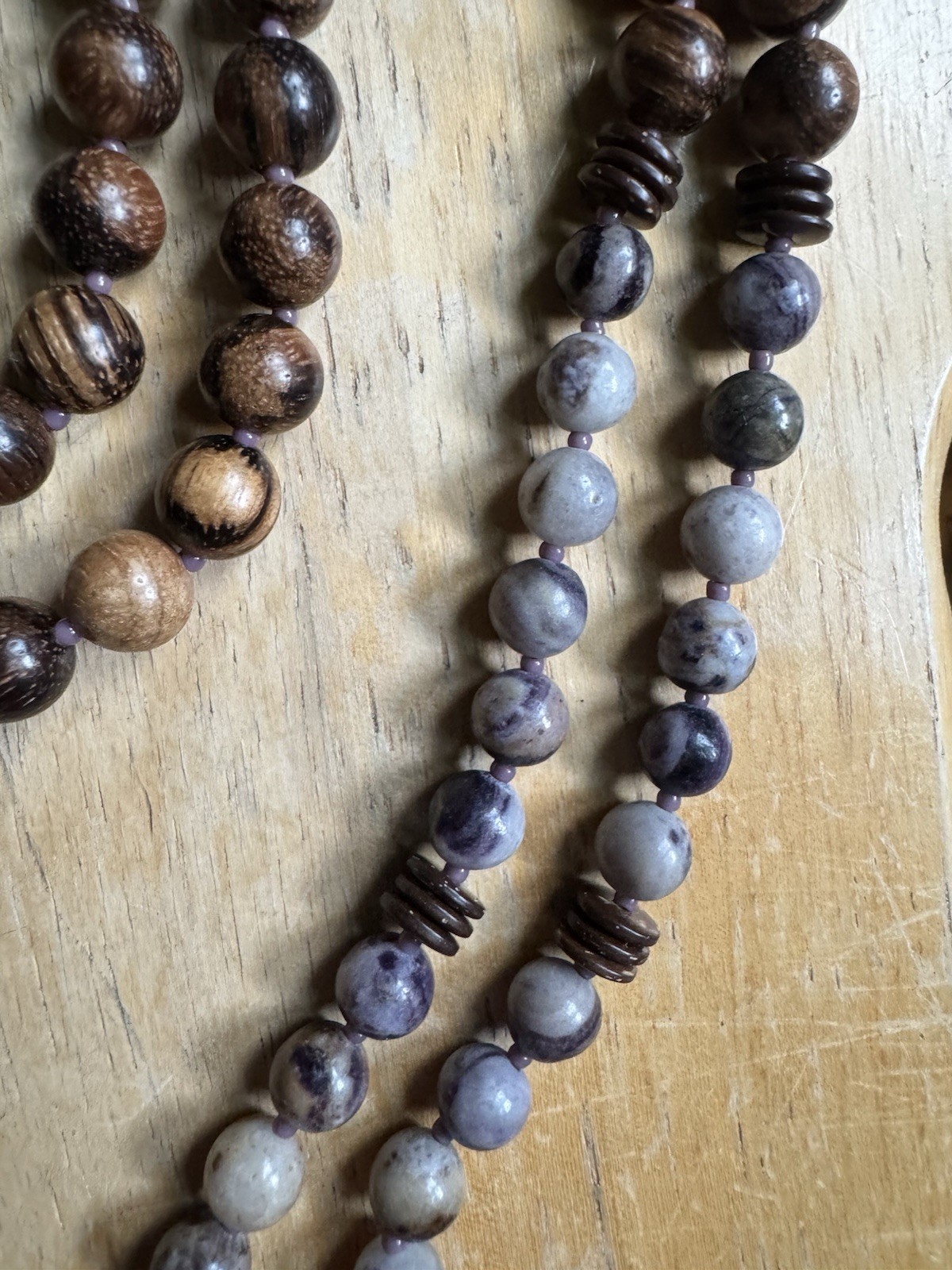 Beaded Necklace Stone & Wood Beads Purple/White Tusk Charm Pendant, Toggle