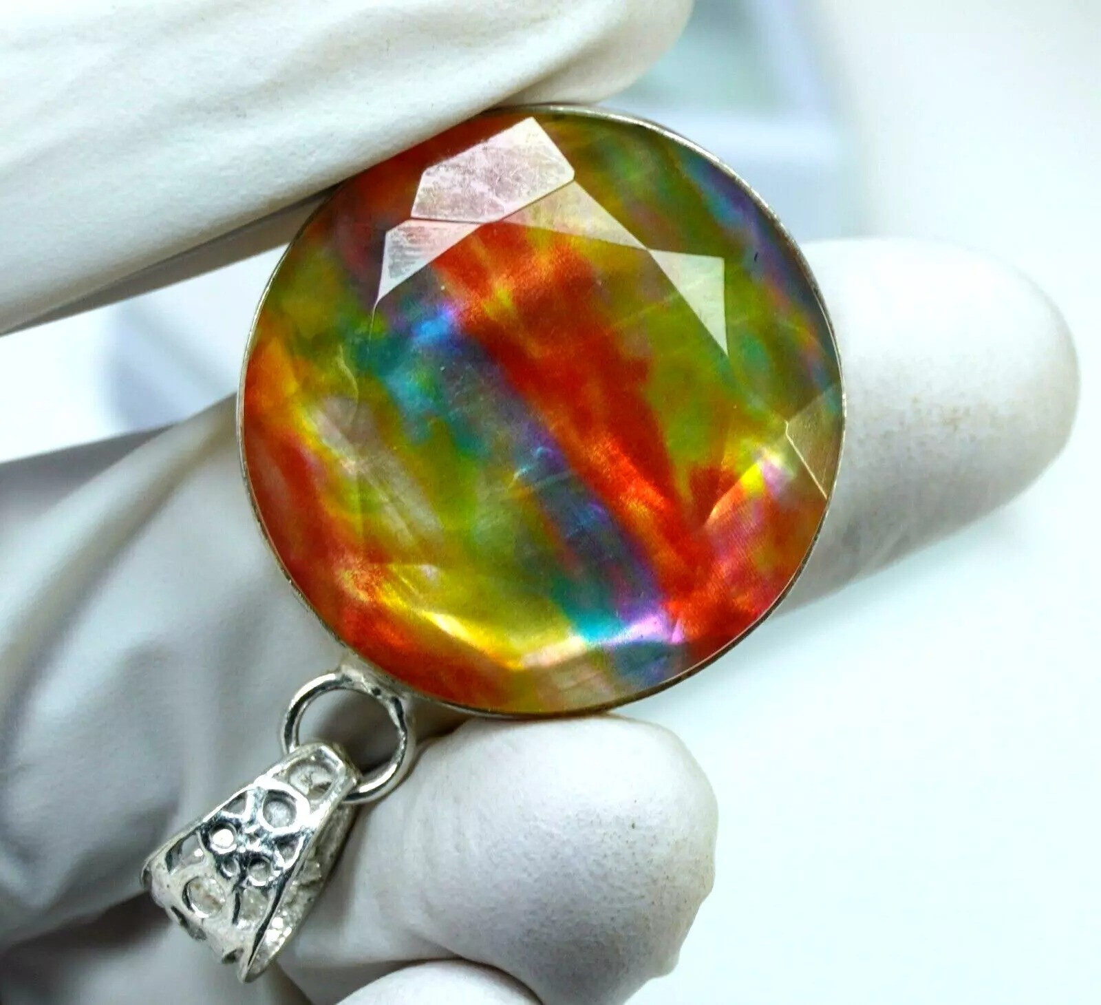 Ammolite Natural 92.56 Ct 925 Solid Silver Pendant Round Cut Loose Gemstone