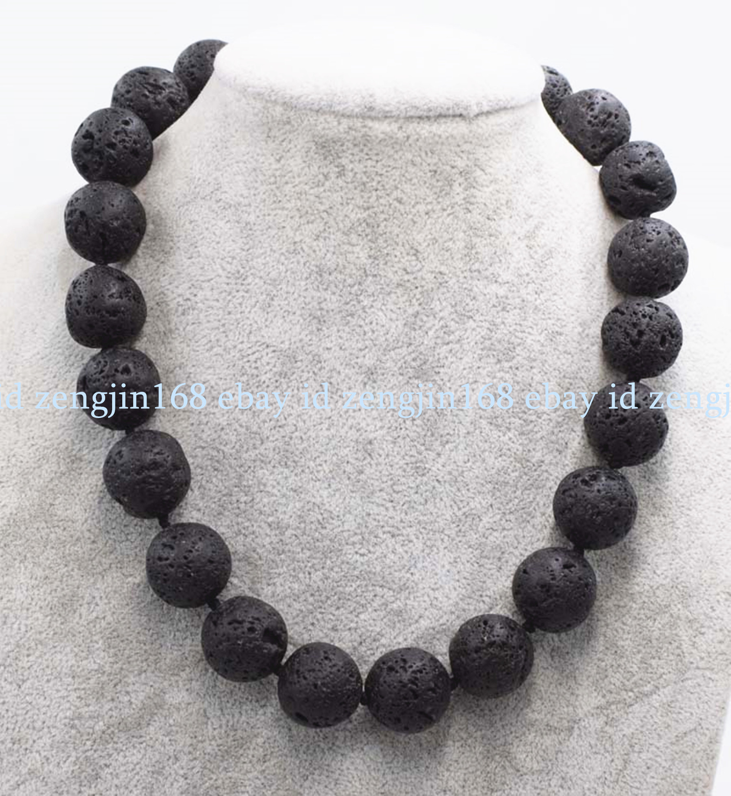 Huge 14mm Natural Black Volcanic Lava Rock Round Gemstone Beads Necklace 18″ AAA
