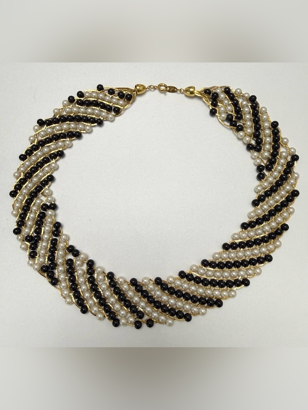 RARE Vintage Trifari Woven Gold Tone Black White Pearl Bead Bib Collar Necklace