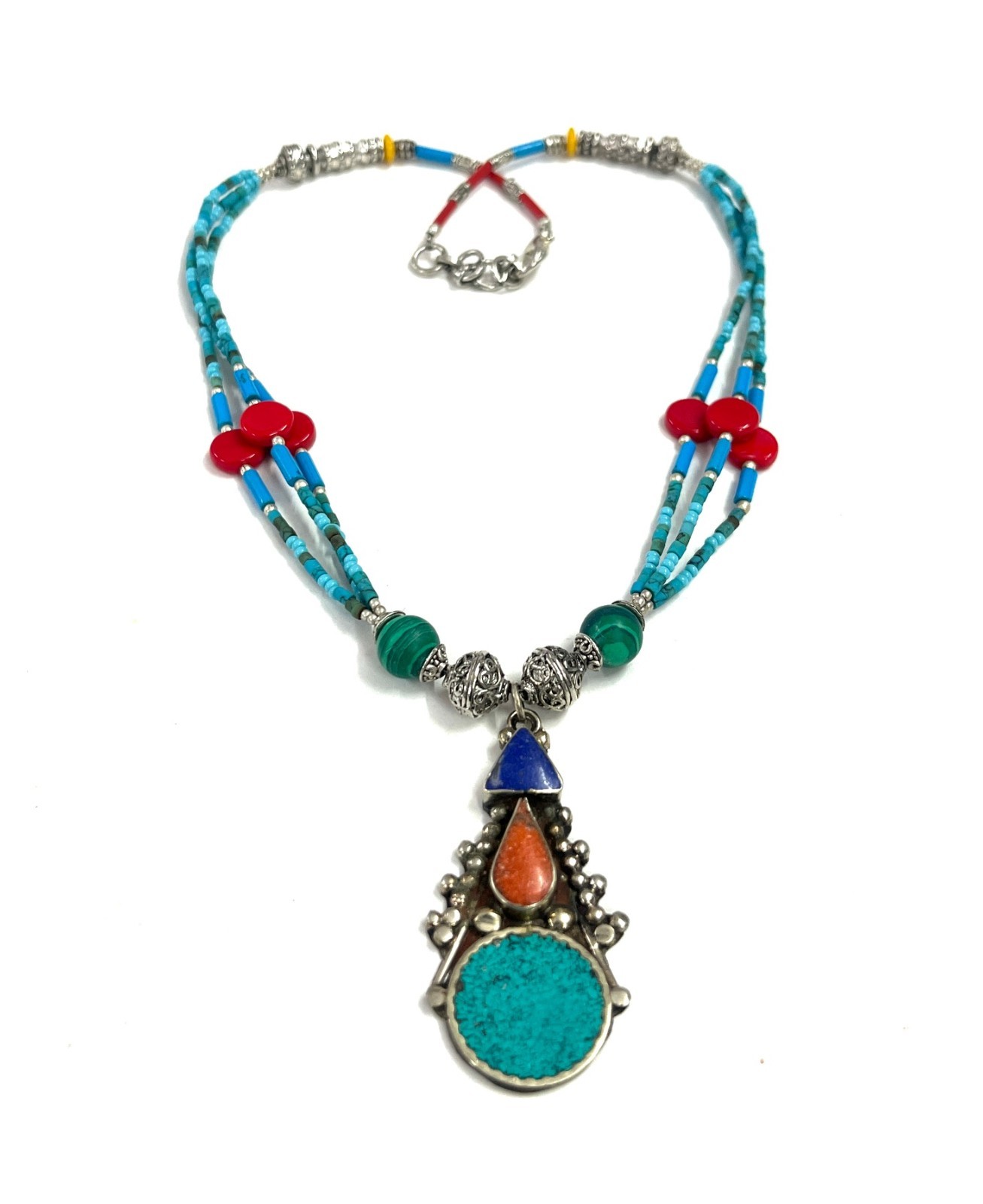 Ethnic Turquoise Lapis Gemstone Tibetan Pendant Necklace Jewelry, 17 Inch Adjust