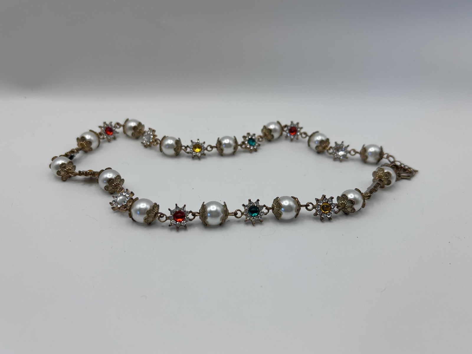 Necklace Gold Tone Multicolor Rhinestone Imitation Pearl Beaded Statement 19 In