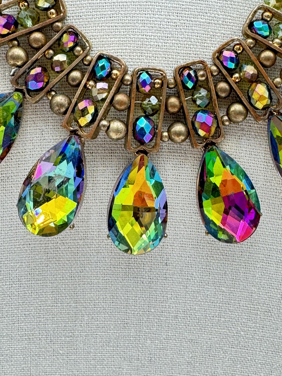 Aurora Borealis Chunky Statement Bib Necklace Beaded Teardrop 15in Rainbow