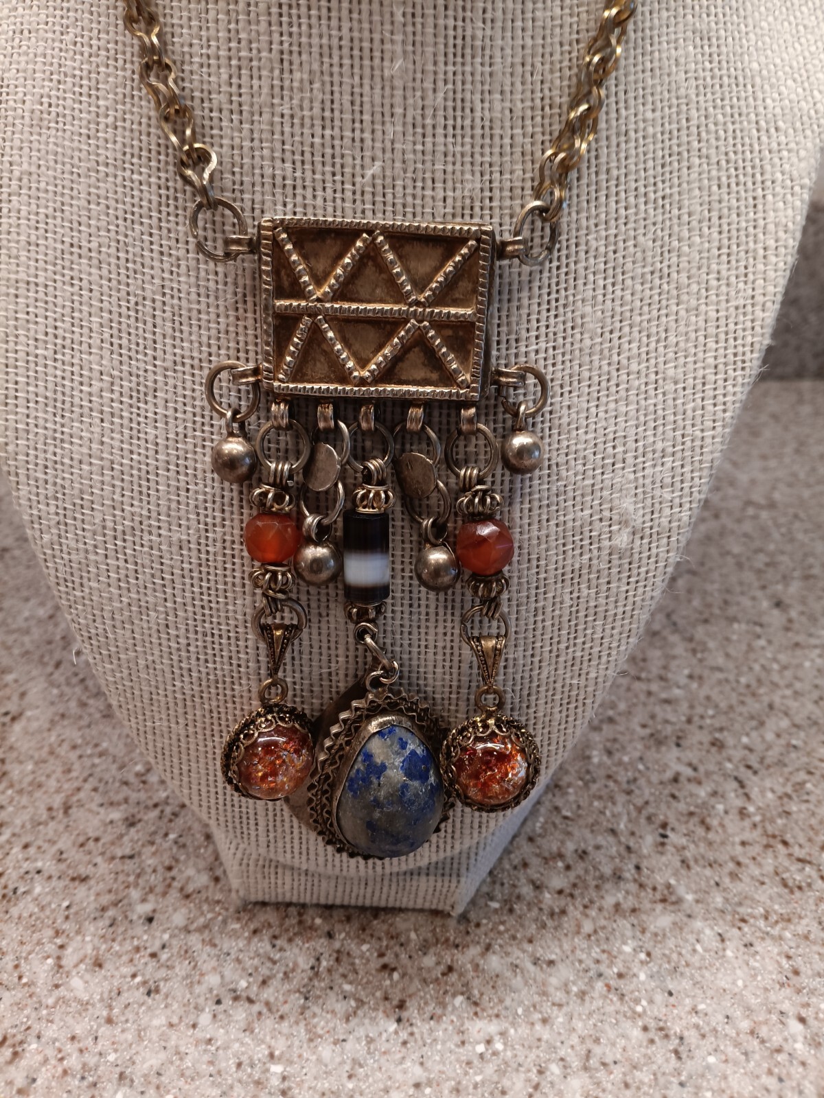 Unique Gold Tone Pendant Necklace with Assorted Dangling Bobbles