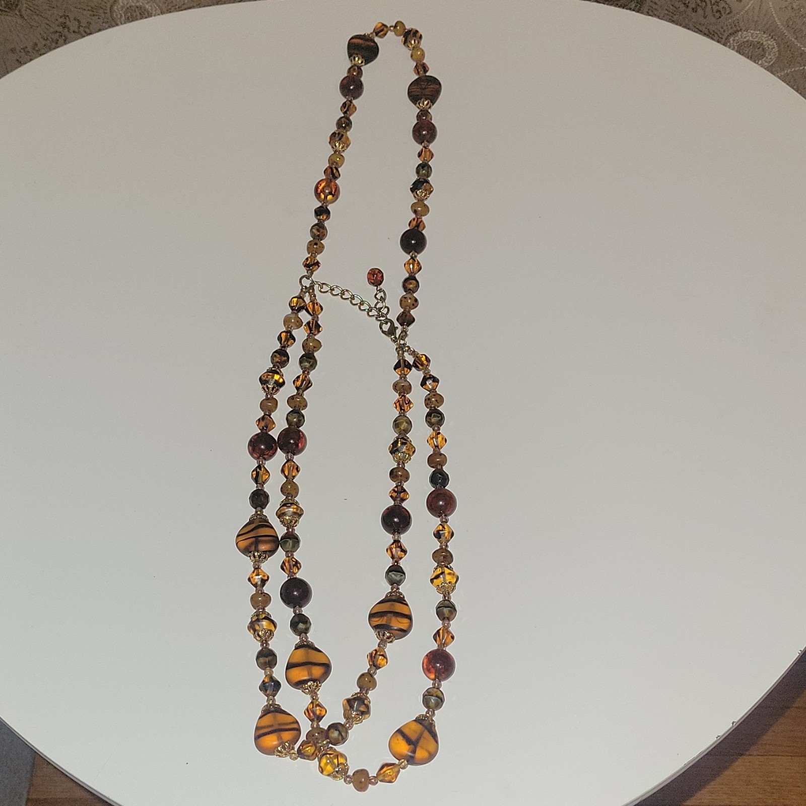 Vintage Multi Strand Amber Art Glass Bead Necklace Tiger Stripe Givre Germany