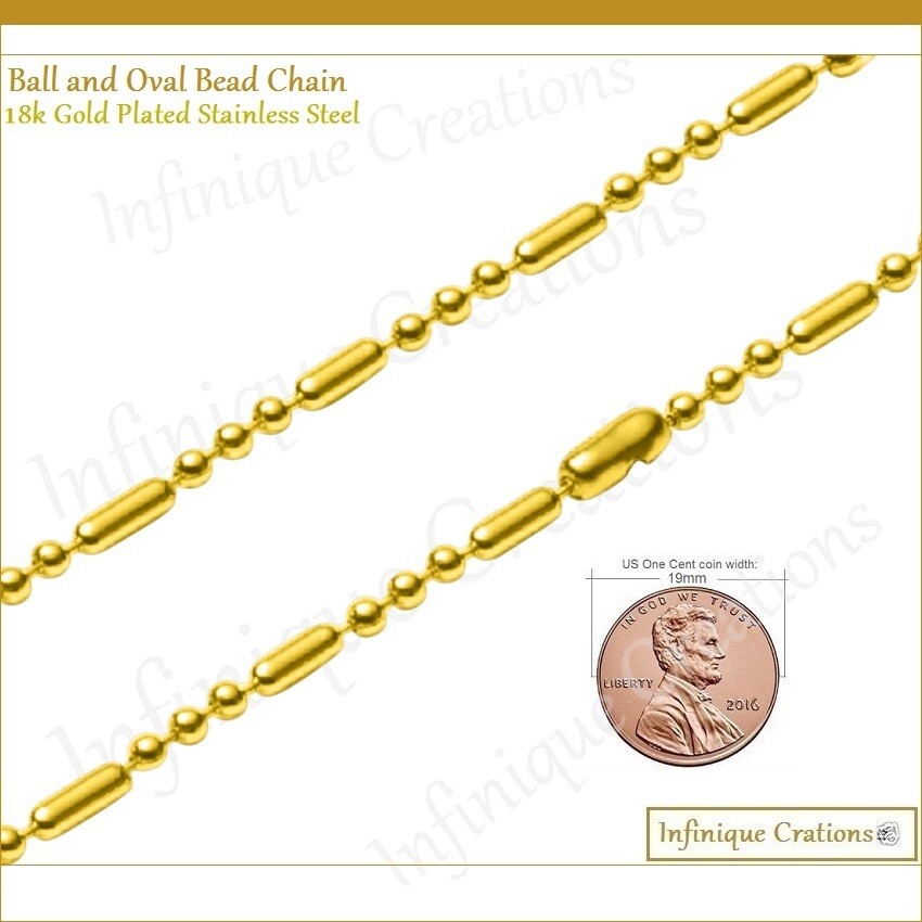 18K Gold Plated Stainless Steel Ball And Oval Bead Chain Bracelet Necklace 1-3mm