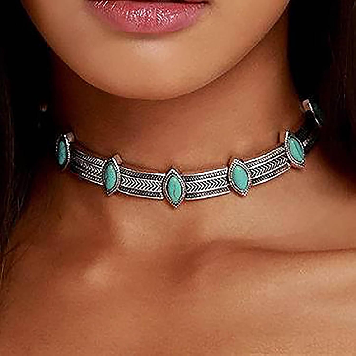 Turquoise Choker Necklace Women Boho Western Silver Tibetan Tribal Statement