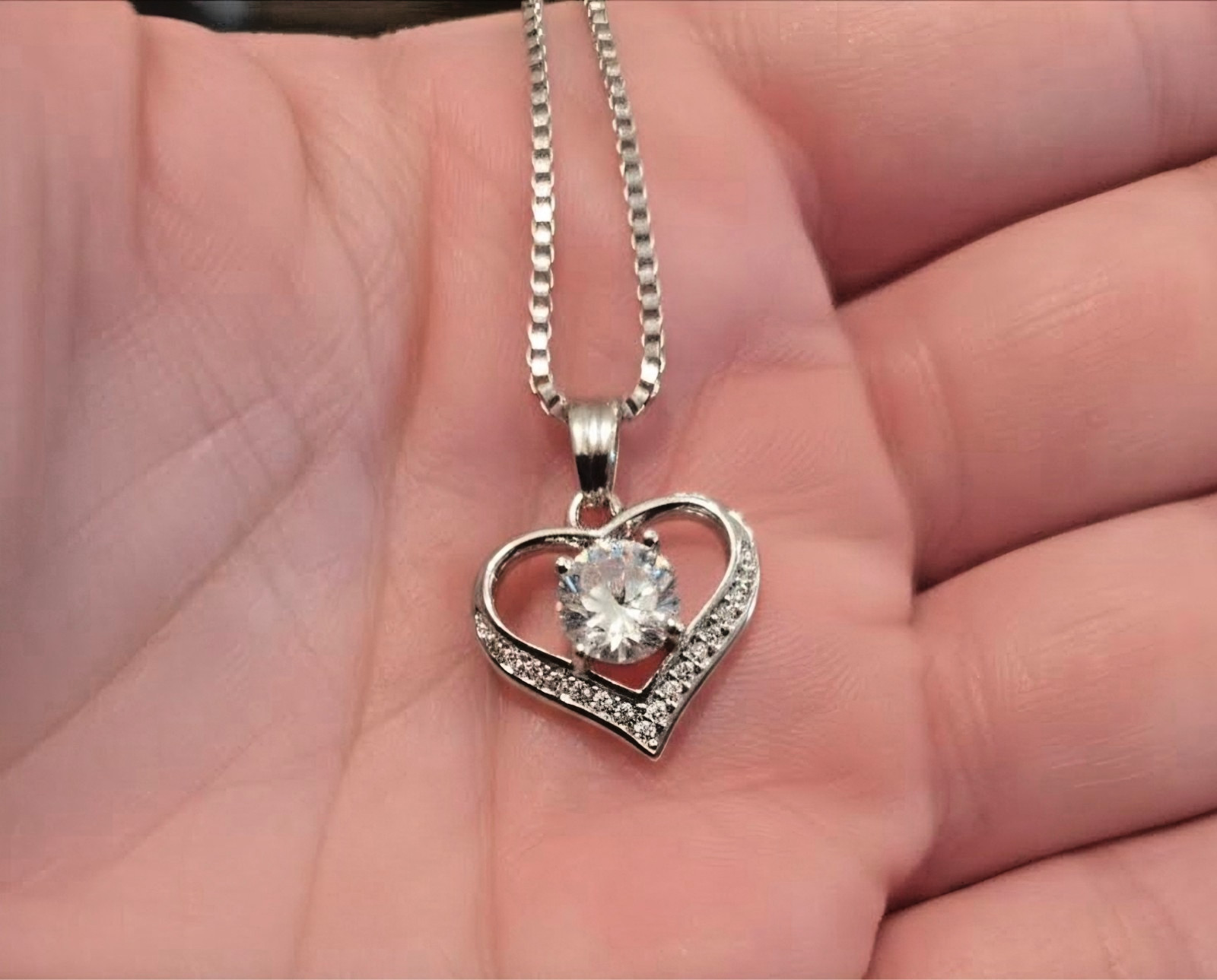 Cubic Zirconia Heart Pendant Necklace | Stainless Steel 16″ Venetian Box Chain