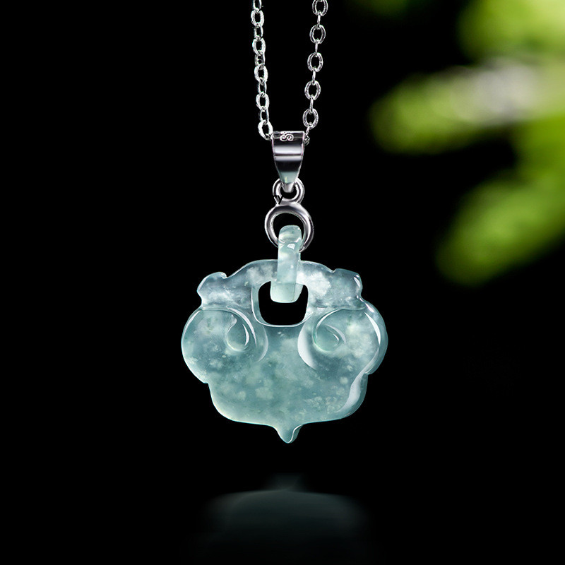Real Grade A 100% Natural Blue Jade Jadeite Women Lucky Ruyi Lock Pendant