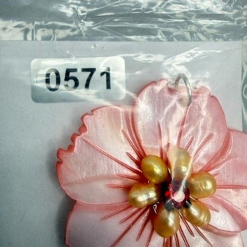 Pink Mother of Pearl Flower Pendant Red Rhinestone Cultured Pearls Tropical