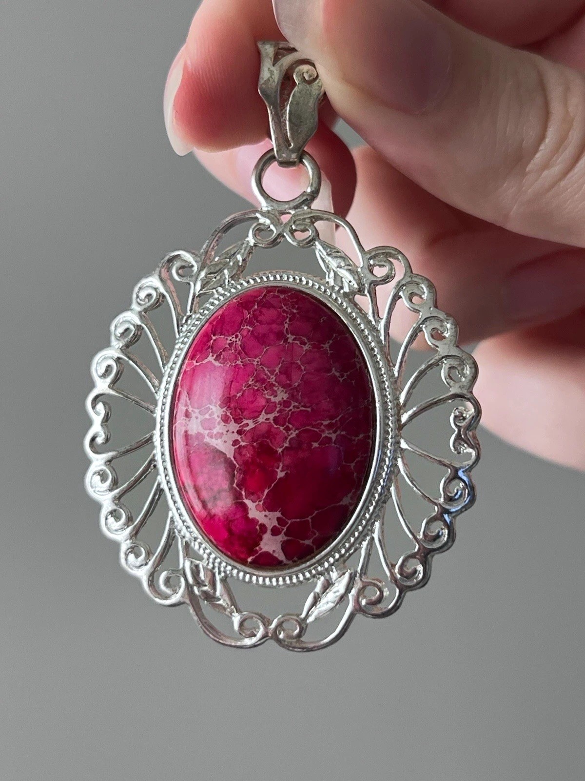 Silver Tone Faux Turquoise Oval Pendant Pink Stone Cabochon Bezel Setting