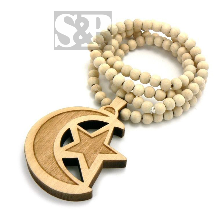 Hip Hop MOON & STAR Good Quality Wood Pendant & 36″ Wooden Ball Chain Necklace