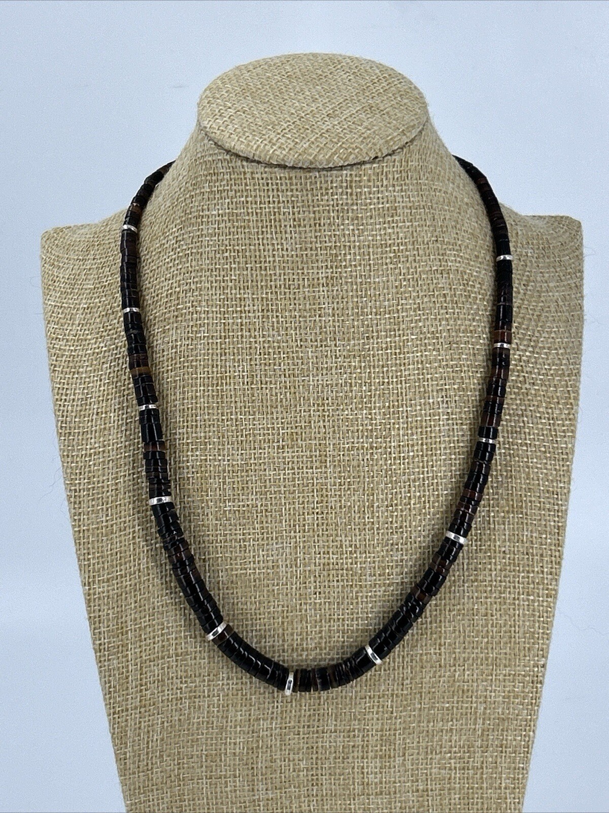 Natural Stone Chocker Necklace Graduated Silver Spacer Beads Earthy 17-20″