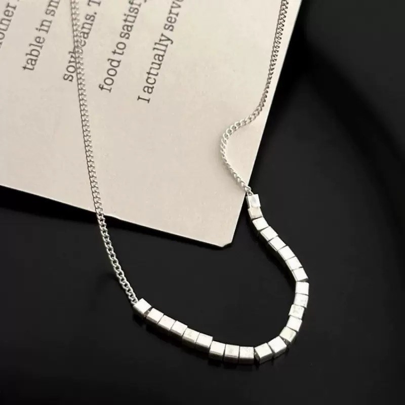 925 Silver Cube Bead Necklace Dainty Geometric Box Chain Choker Necklace 007