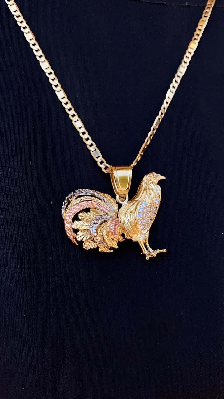 14K Gold Filed Chicken Rooster Pendant Necklace 24″ Figaro Valentino Mens Cadena