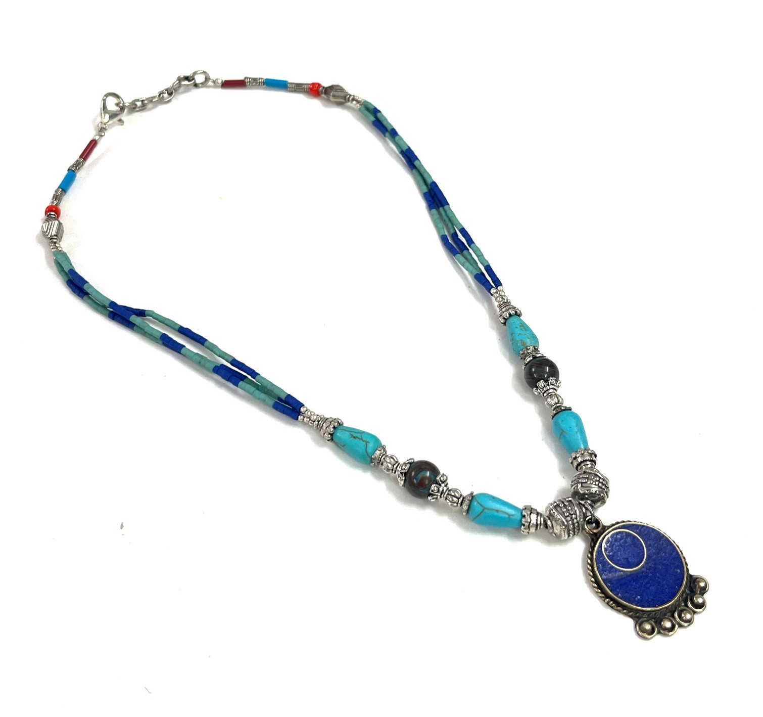 Nepalese Lapis Turquoise Gemstone Tibetan Necklace Jewelry, 17 inch Adjus