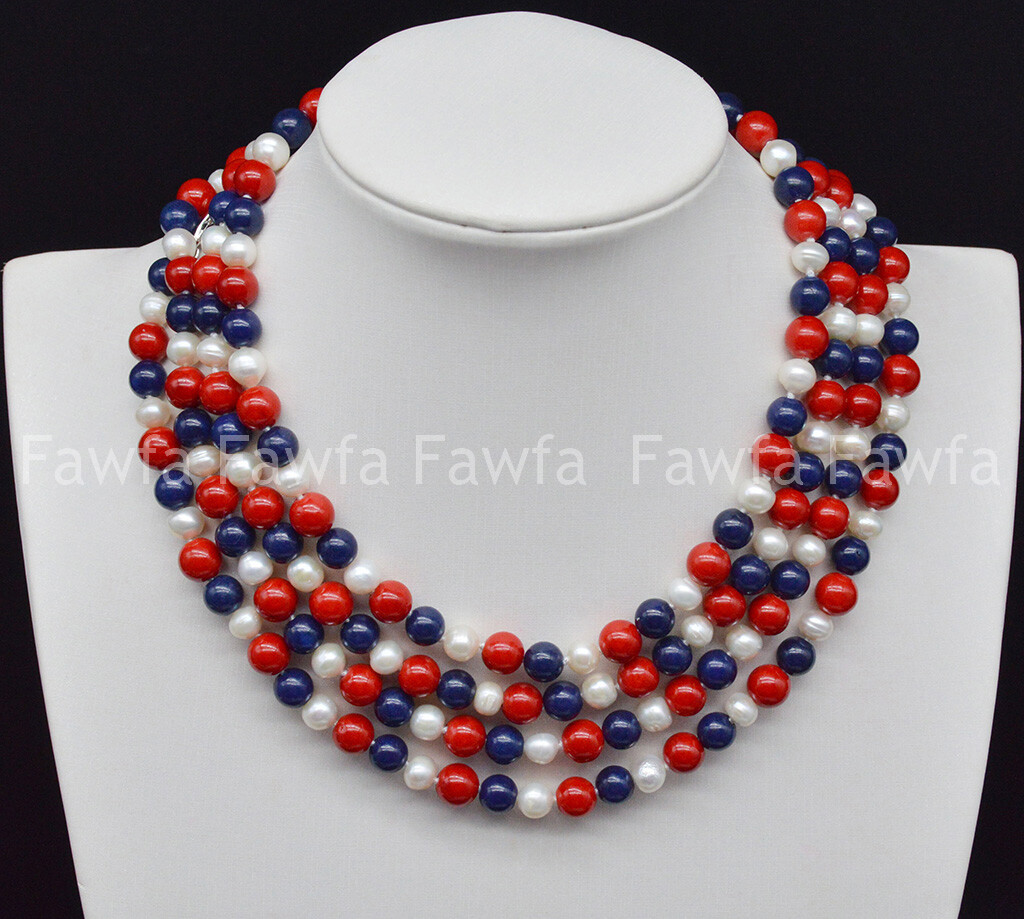 6-7mm White Pearl 8mm Red Coral Blue Lapis lazuli Round Beads Necklace 16-100”