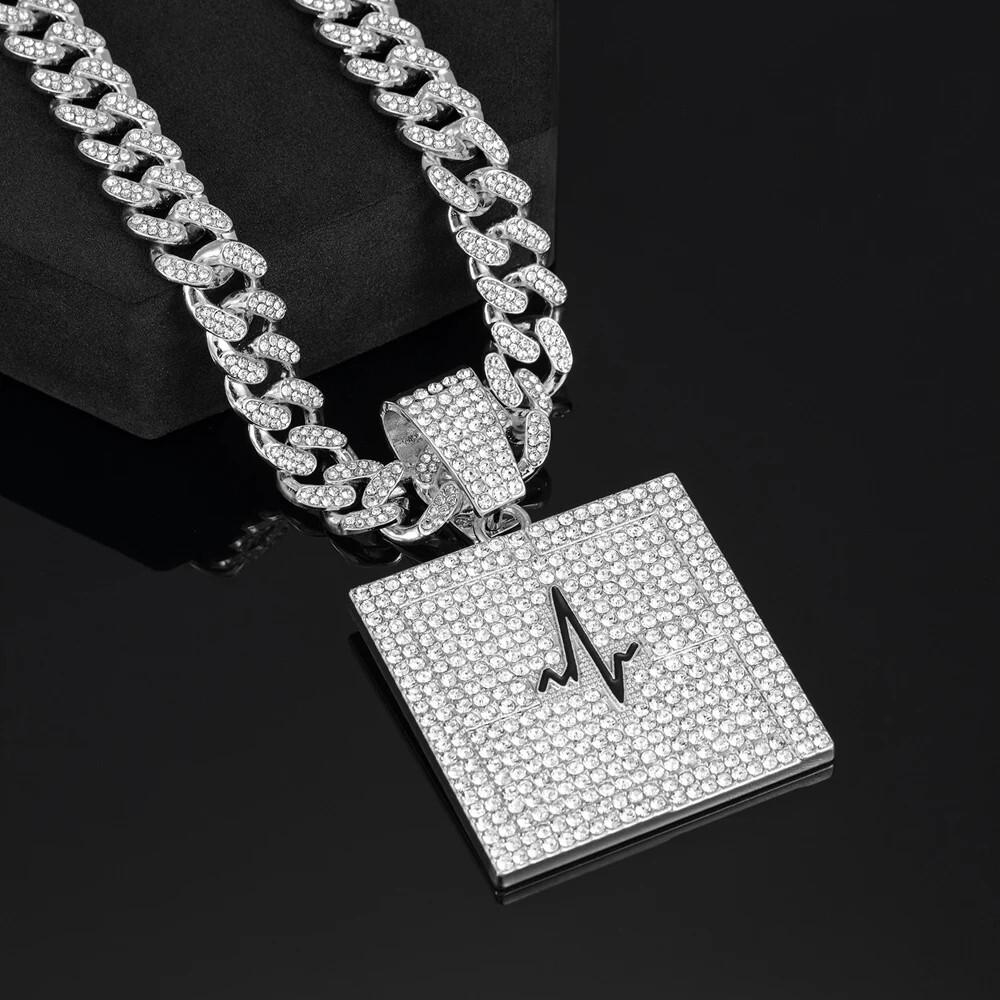 Iced Lifeline ECG Pendant Necklace CZ Bling Men Hip Hop Miami Cuban Link Chain
