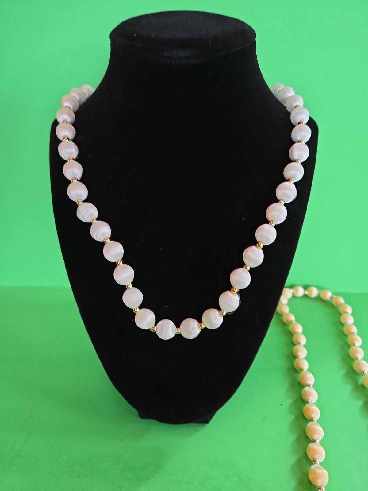 Four Vintage Gold Tone Yellow, Cocoa, White & Pink Silk Satin 14-15″ Necklaces