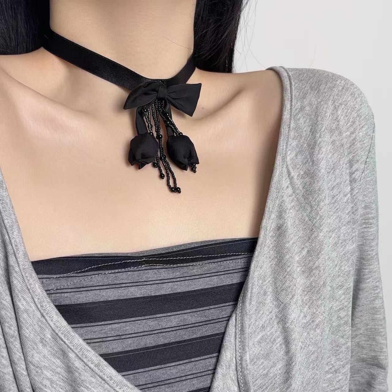Black Gothic Ribbon Choker Necklace Bow Pendant Adjustable Tie Closure