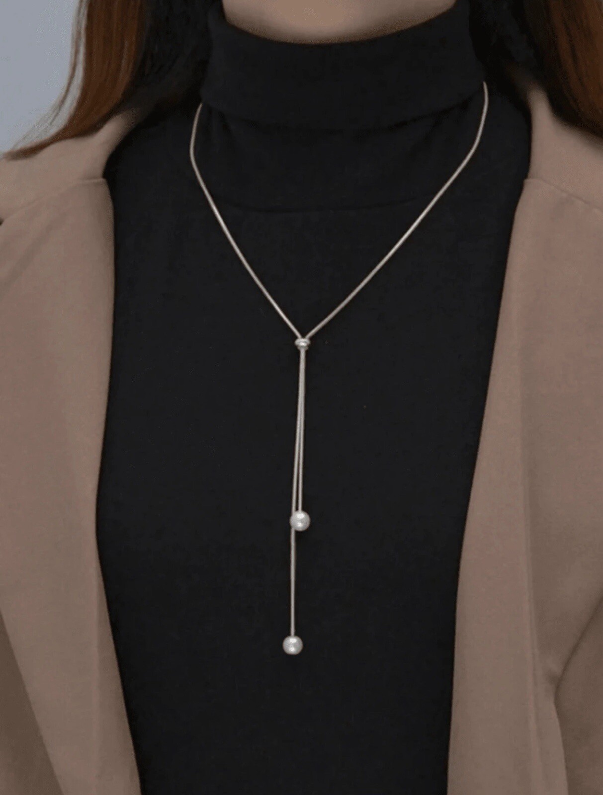 Long Imitation Faux Pearl Pendant Necklace Luxurious Chain Pendant Silver Color