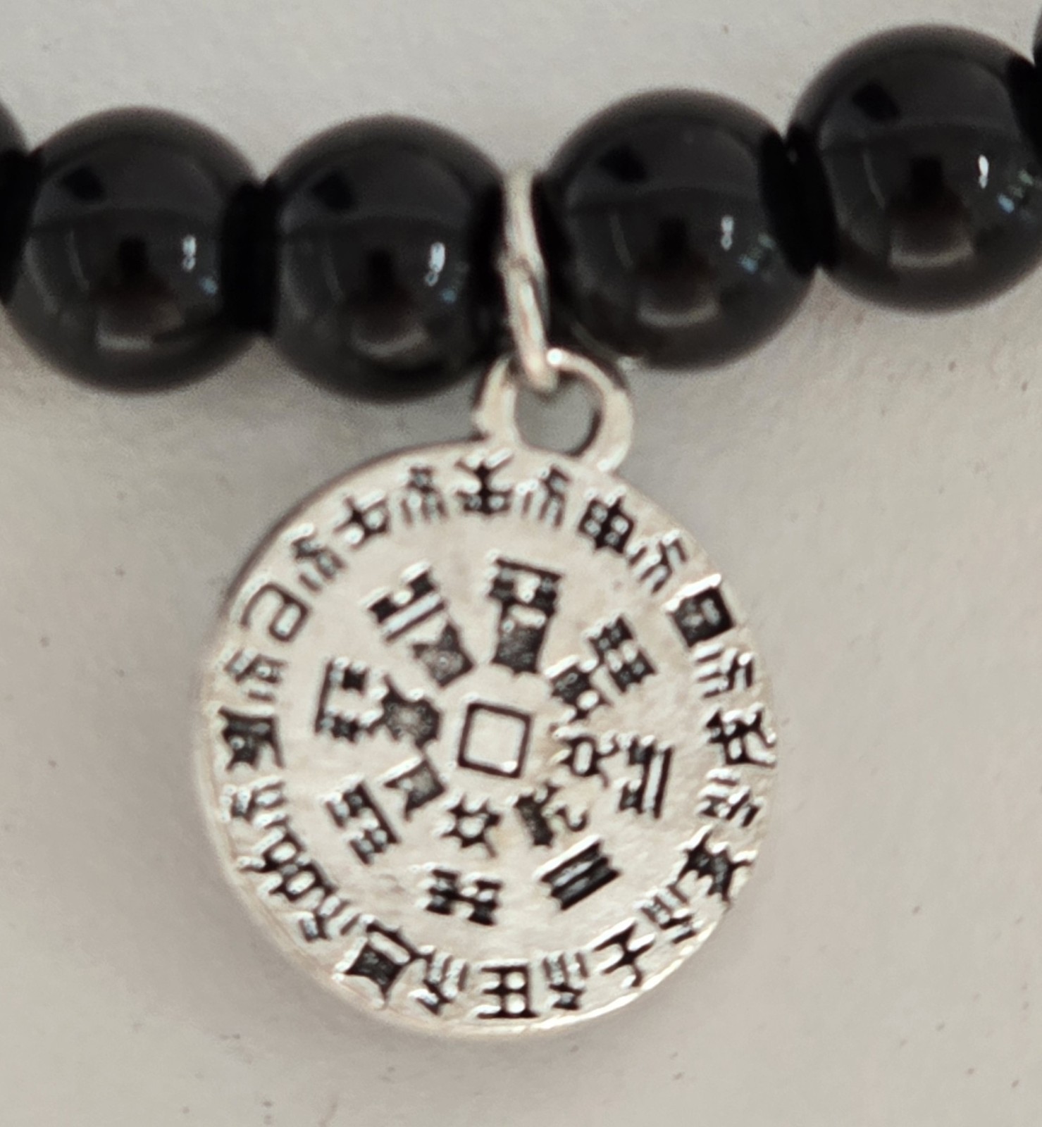 Chinese-Style Coin Charm Pendant – New – Polished Black Onyx Beaded Gemstone