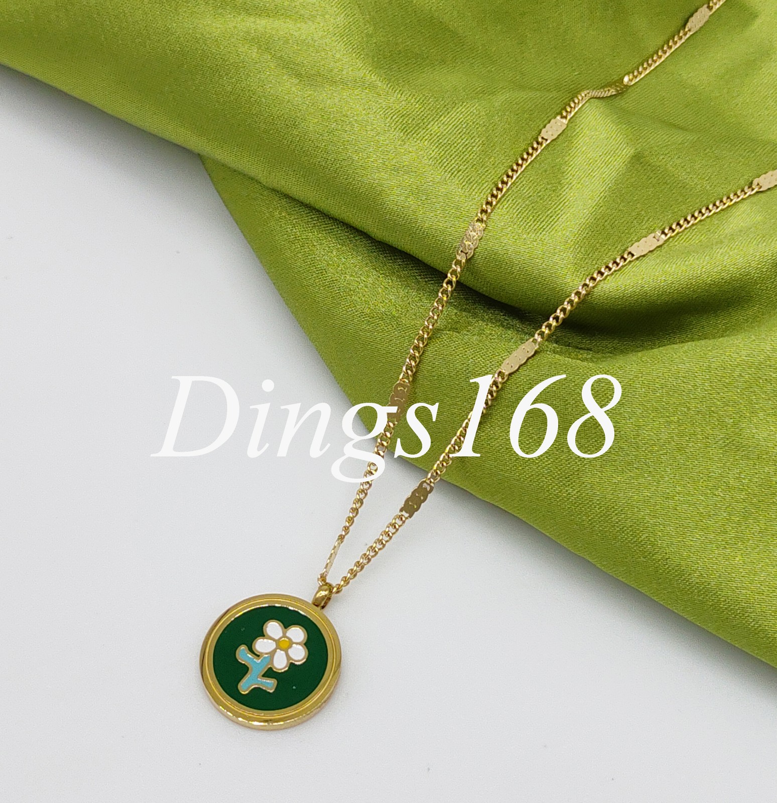 18K Yellow Gold Filled 15mm Green Flower Round 16″+2.4″ 1mm Rollo Chain Necklace