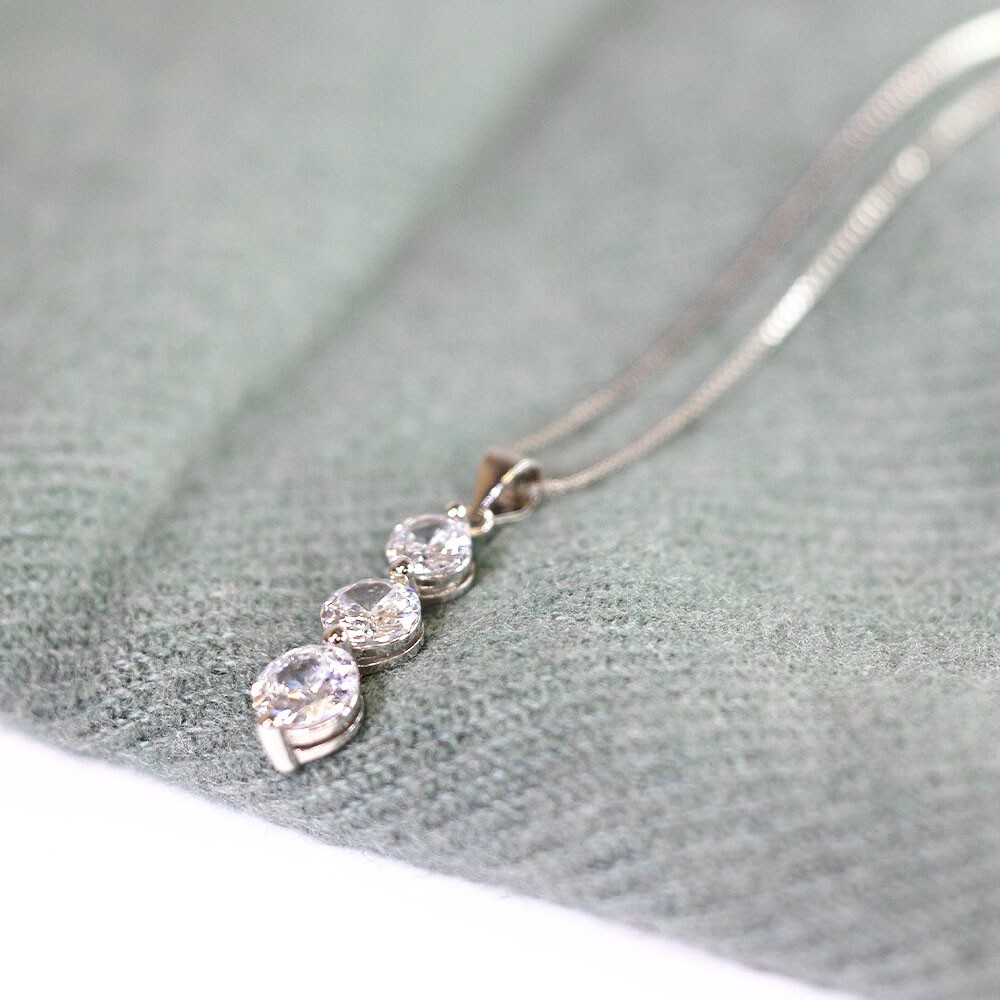 Crystal Pendant Style Three Diamond Drop Necklace White Gold Paved 18″ Necklace