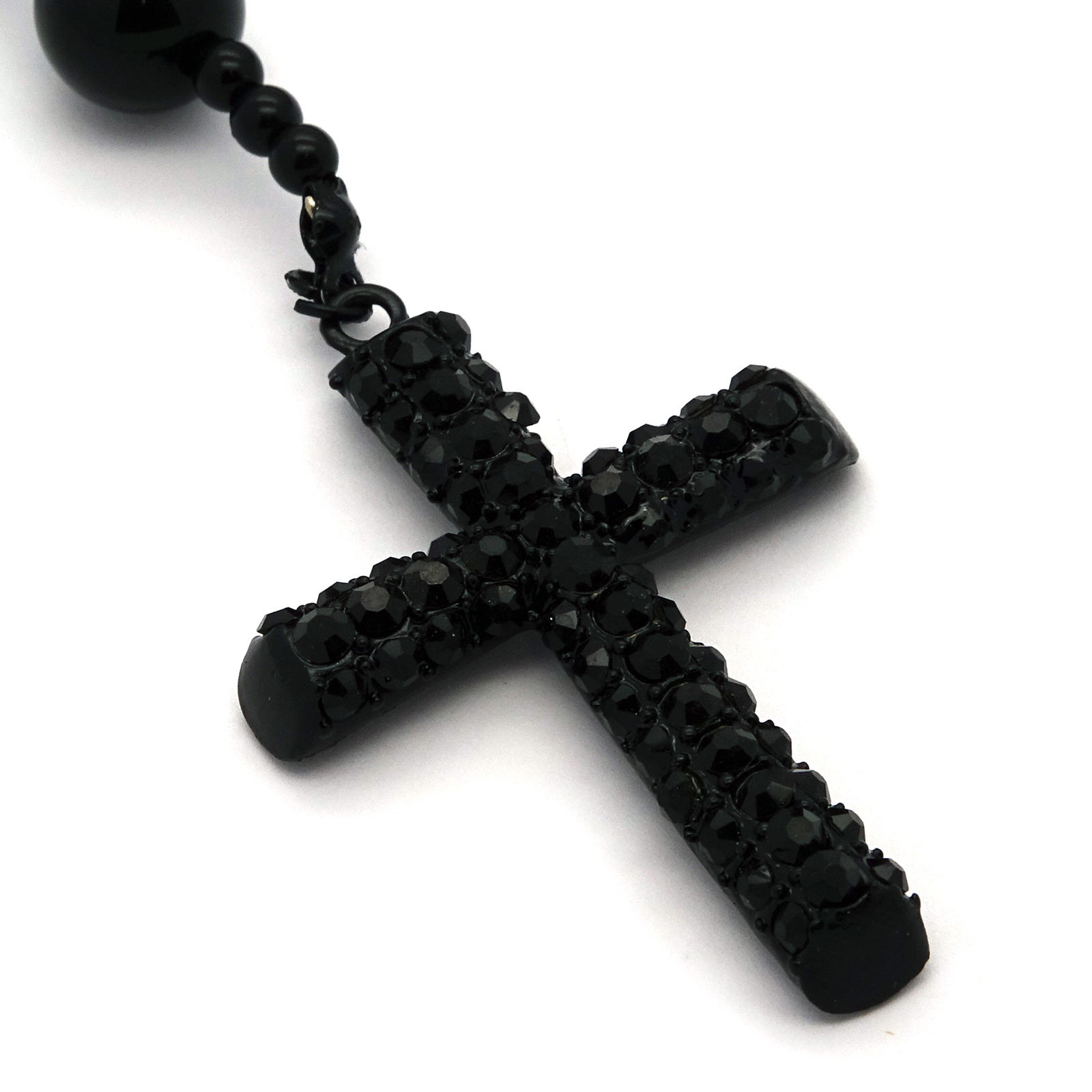 Men’s Hip Hop 15mm BLACK Beads Cubic-Zirconia Guadalupe Rosary & Jesus Cross BK