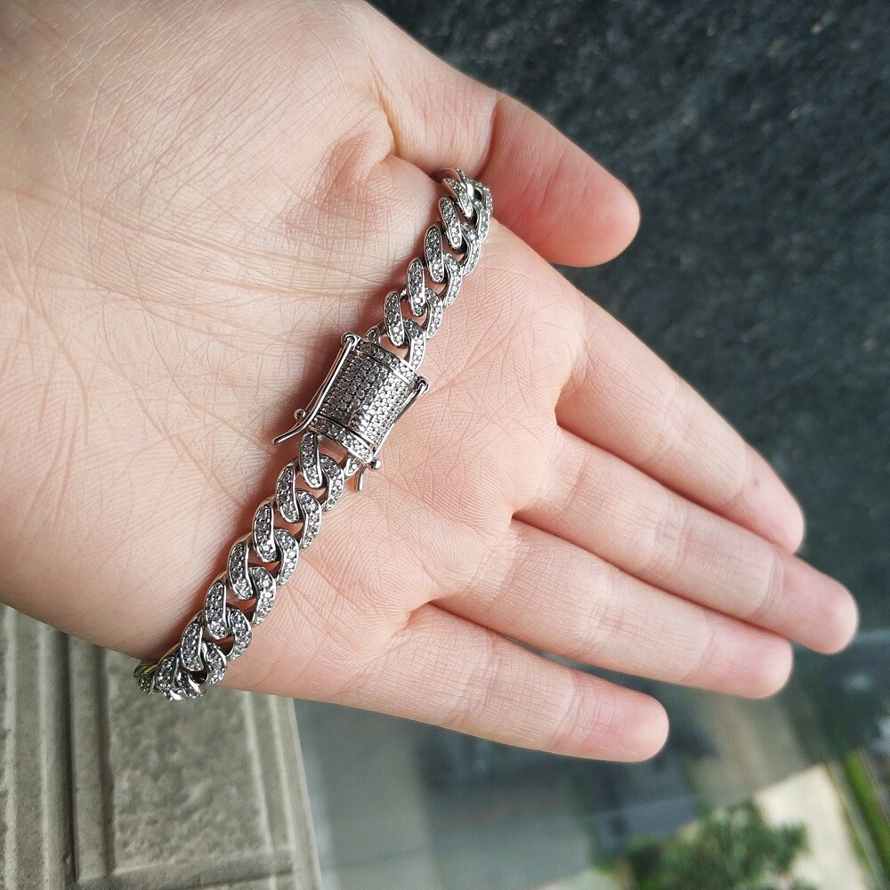13mm White Gold Plate Stainless Steel Miami Cuban Link Chain CZ NecklaceBracelet