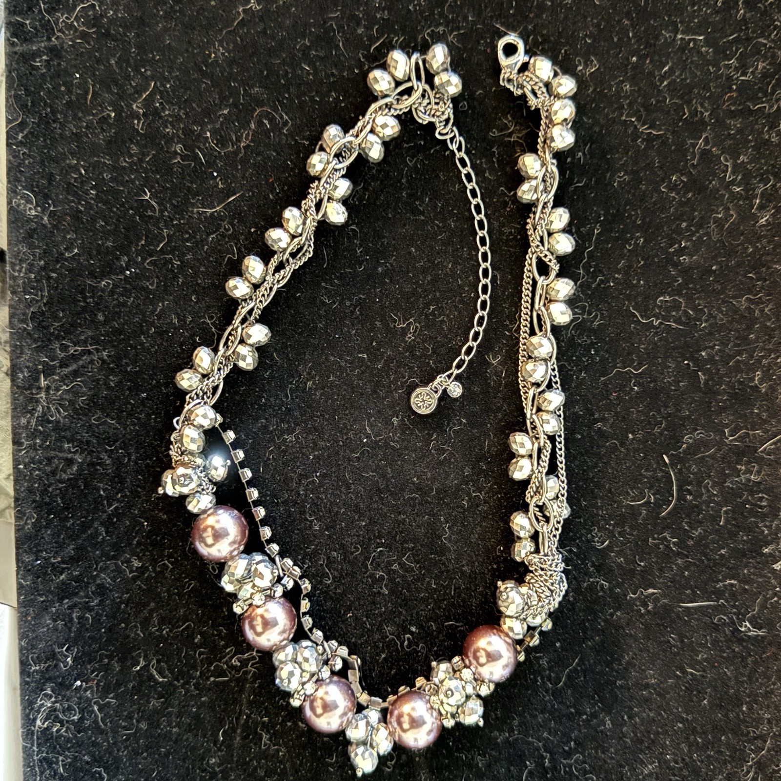 Silver tone pink faux pearl & crystal cluster statement necklace, adjustable