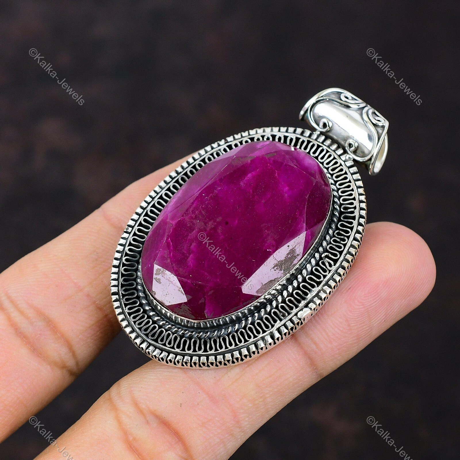 Natural Kashmir Rubi Gemstone Pendant Vintage 925 Sterling Silver Indian Jewelry