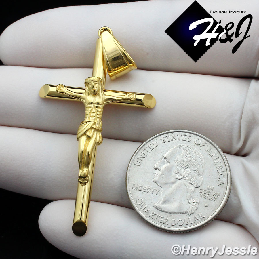 16″-36″Stainless Steel 3mm Gold Plated Cuban Curb Chain JESUS Cross Pendant*116