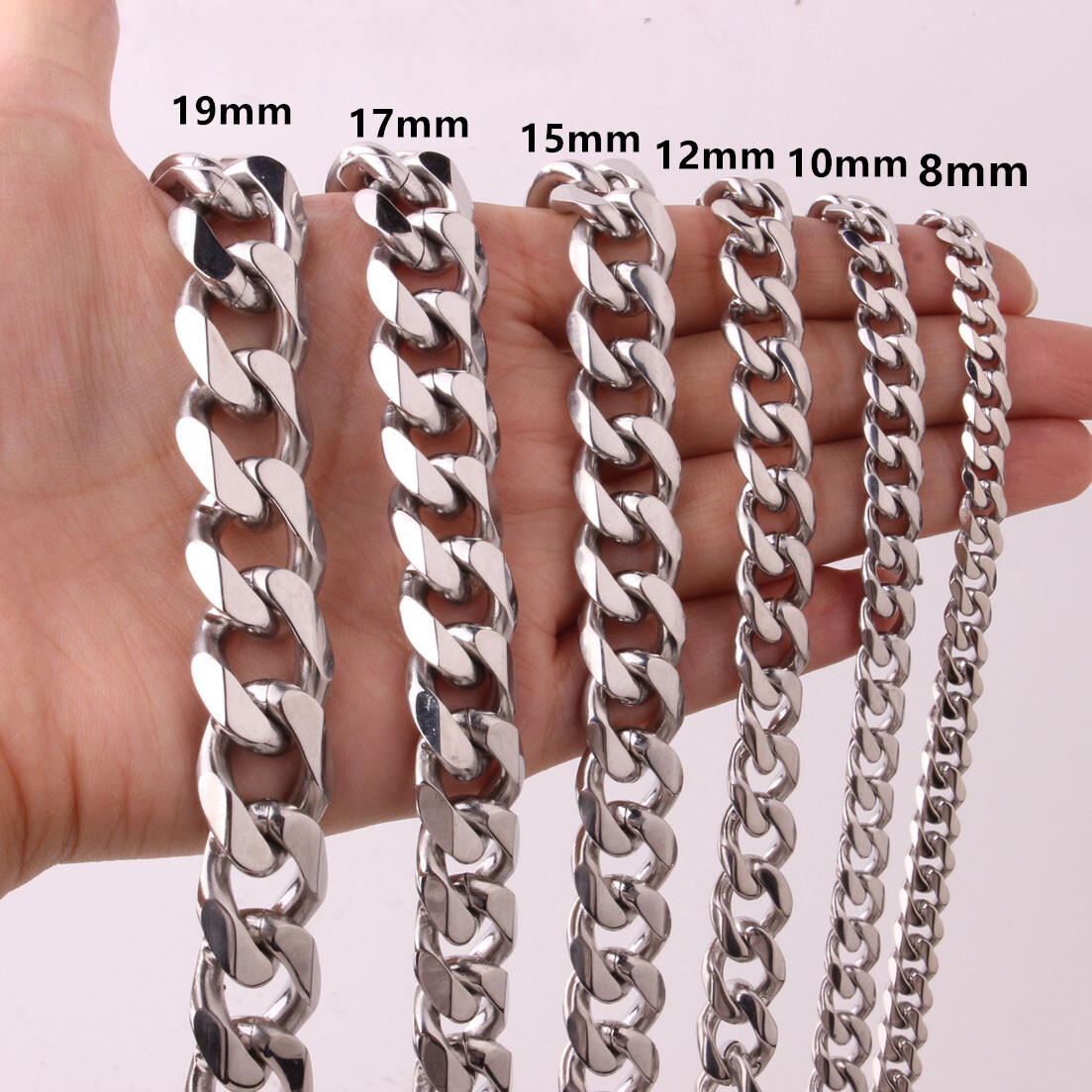 8/10/12/15/17/19mm Stainless Steel Silver Chain Cuban Curb Womens Mens Necklace